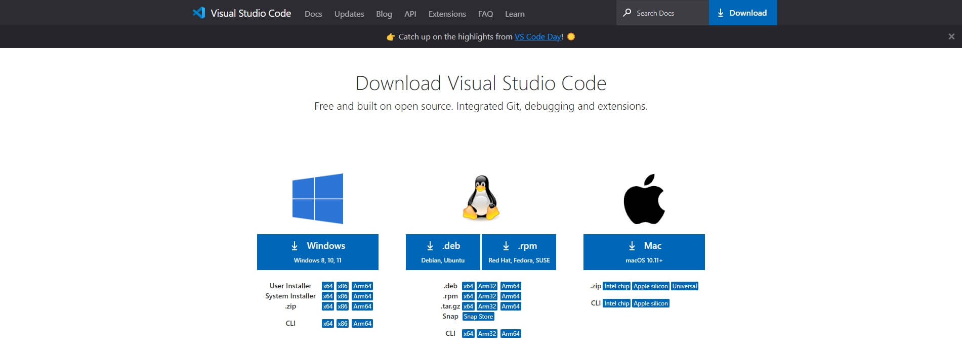 Site do Visual Studio Code demonstrando as opcões de download