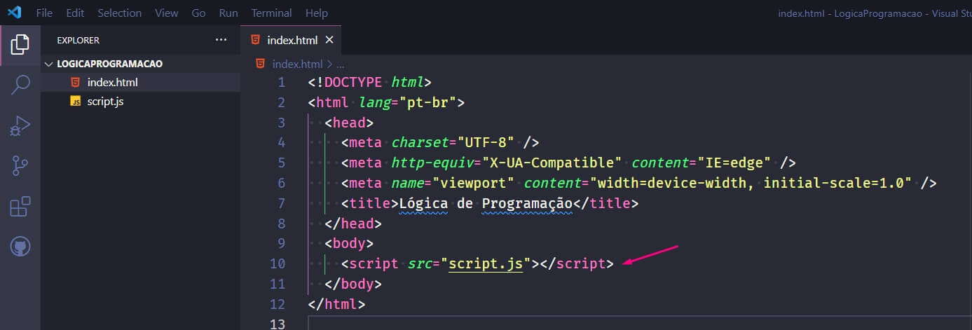 Criando a tag script para inserir o arquivo script.js criado no passo anterior