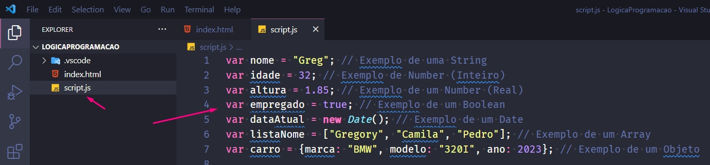 Criando as variaveis no arquivo script.js