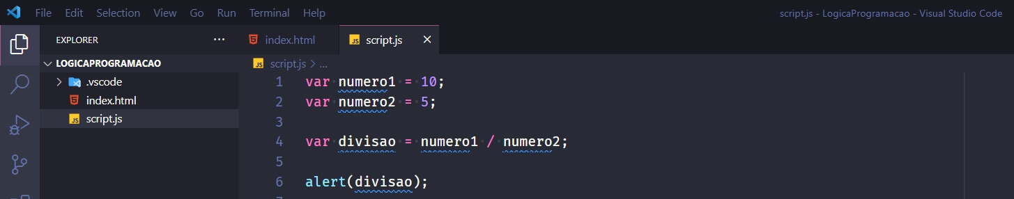 Divisão de 2 numeros e acrescentando em uma nova variavel divisao