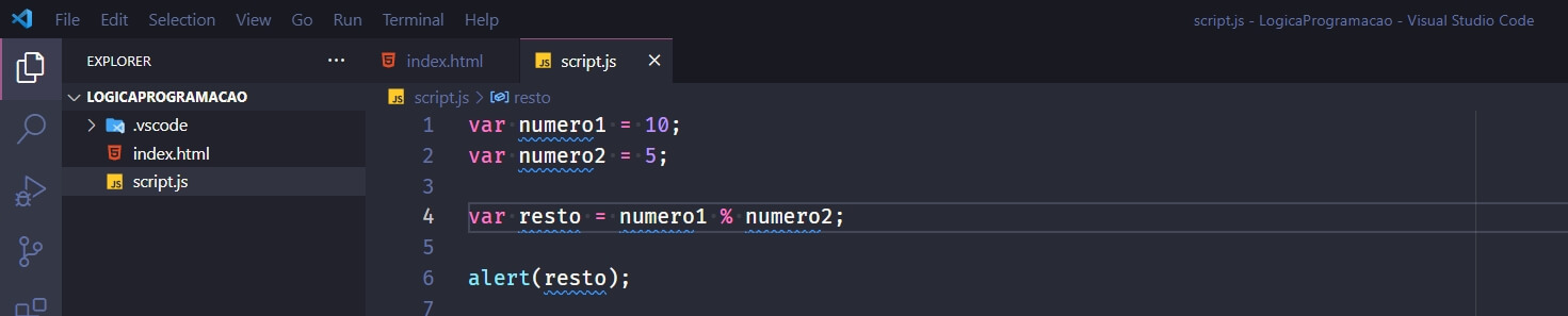 Resto da divisão de 2 numeros e acrescentando em uma nova variavel resto