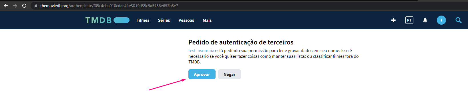 Copiando o link no navegador e apresentando aprovação